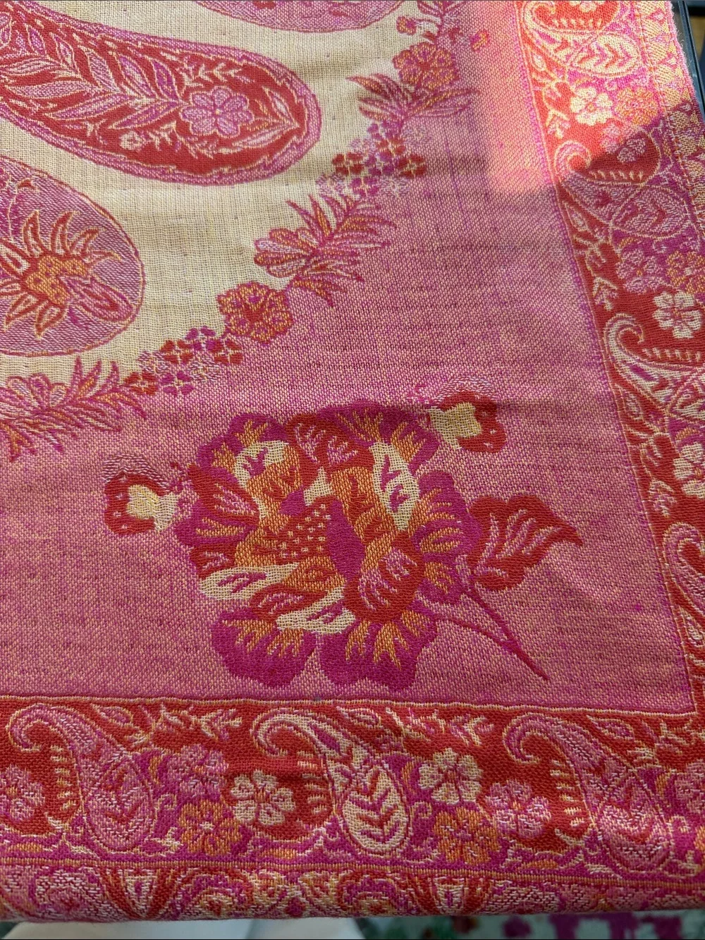 Fuchsia & Orange Paisley Reversible Kashmiri Style Large Shawl with Fringe.